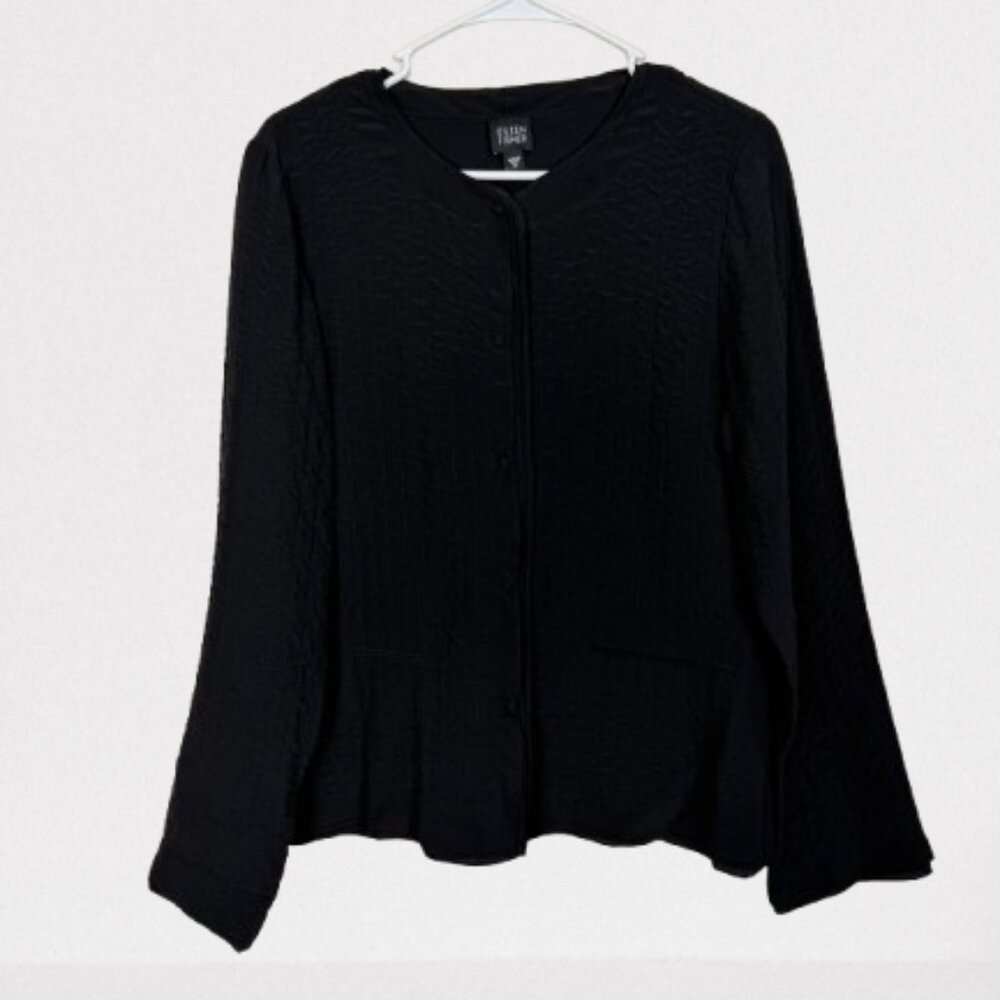 Eileen Fisher Crushed Silk Quilted Short Jacket Size M Black - Picture 3 of 10
